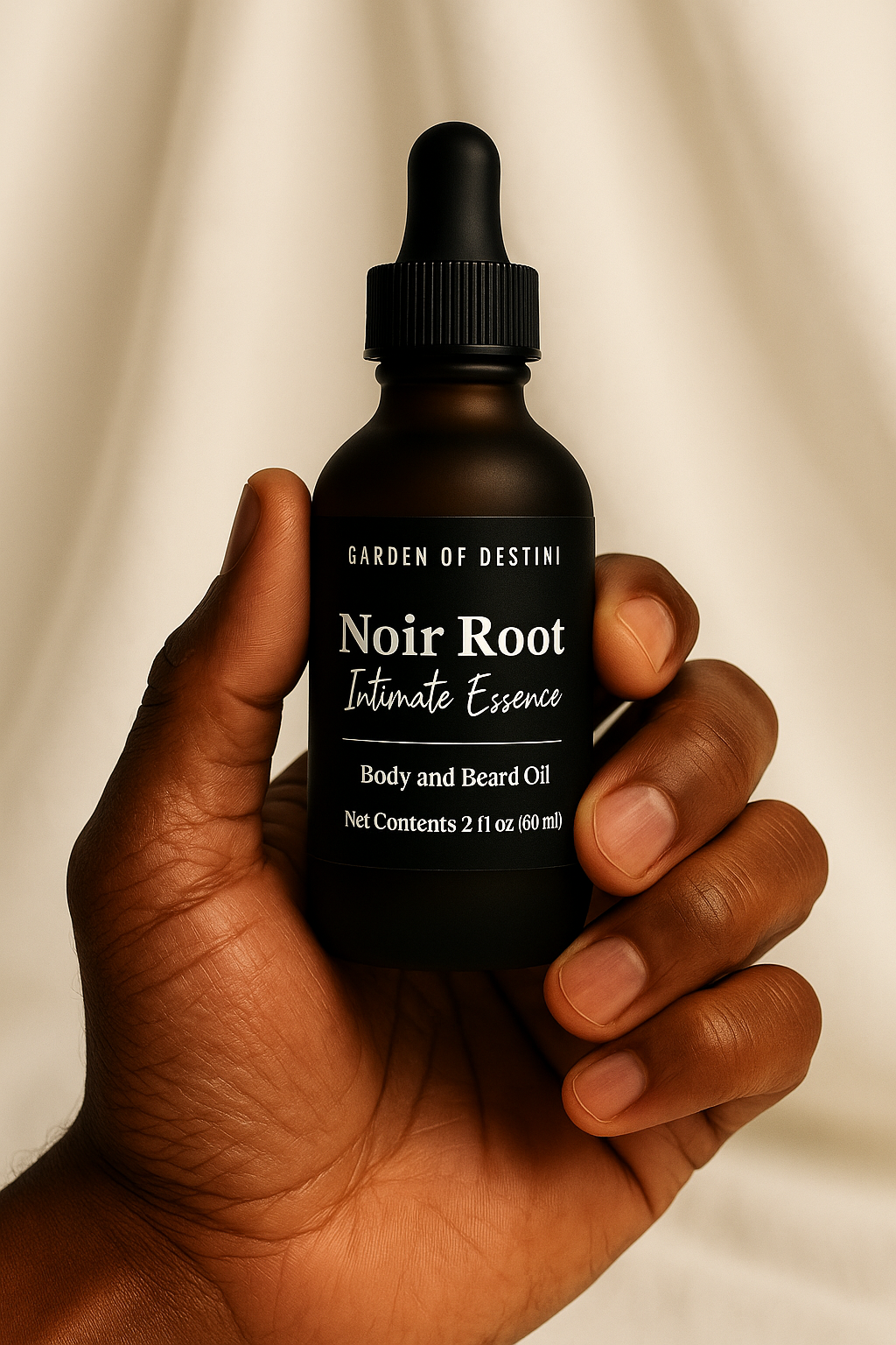 Noir Root luxury men’s body oil in frosted amber bottle held in hands with natural light