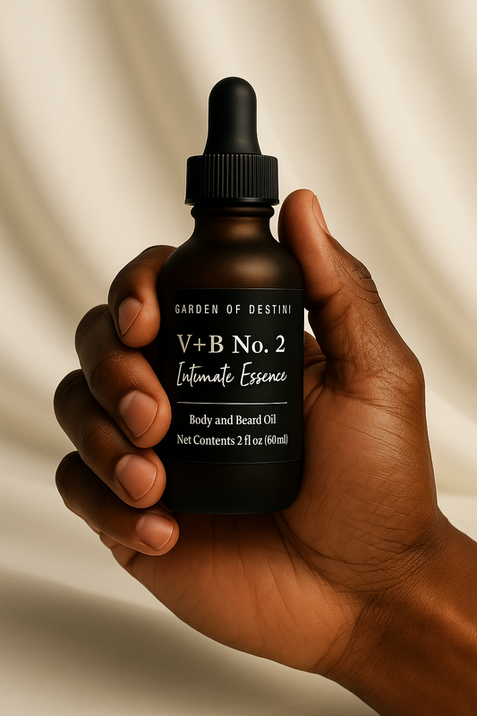 V+B No. 2 luxury men’s body oil in frosted amber bottle held in hands with natural light