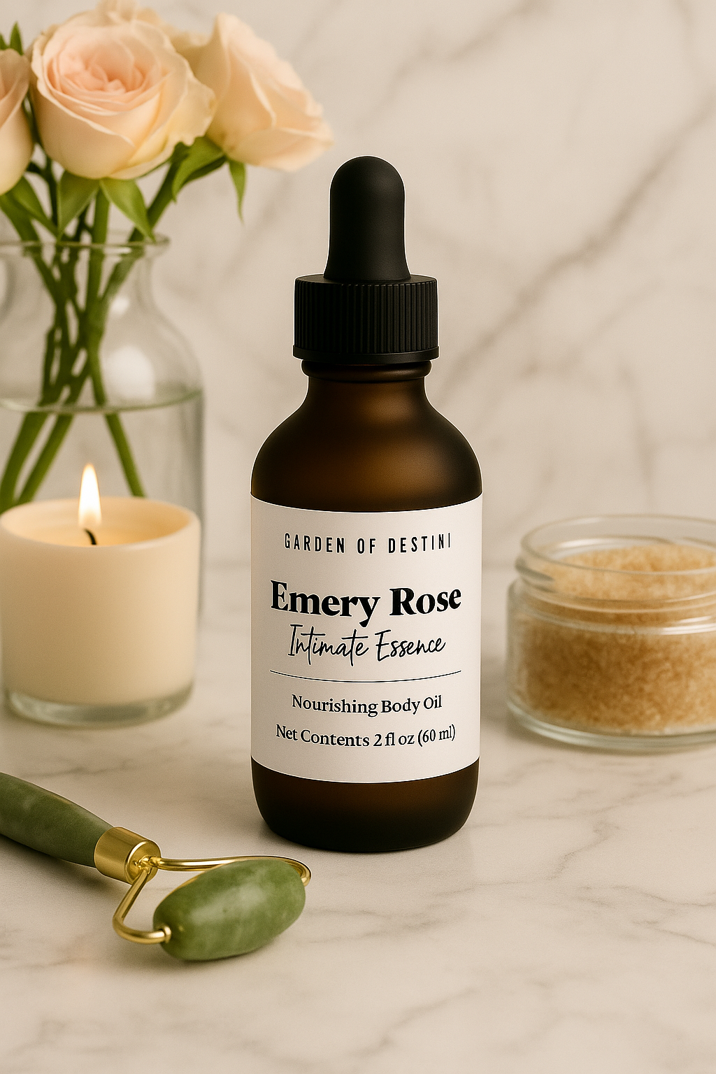 Emery Rose luxury women’s body oil in frosted amber bottle on white draped fabric background