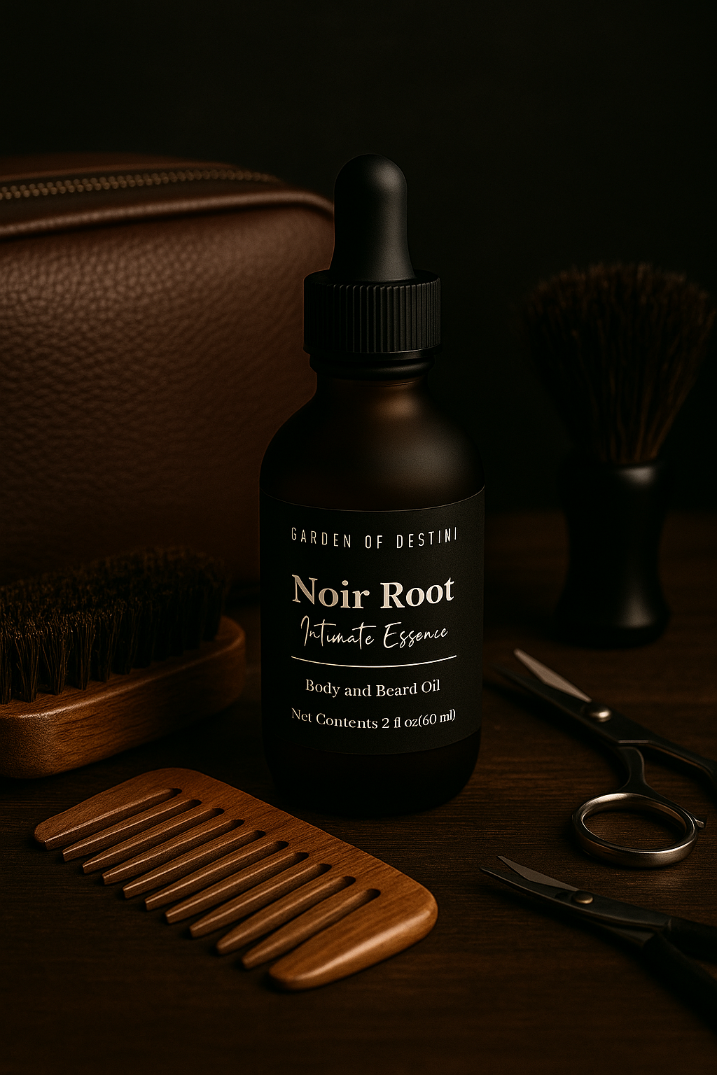 Noir Root luxury men’s body oil in frosted amber bottle on black background