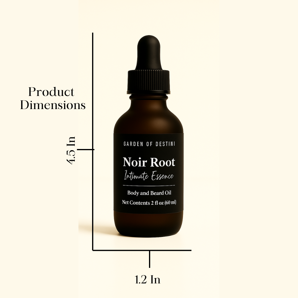 Noir Root luxury men’s body oil black label with white text close-up