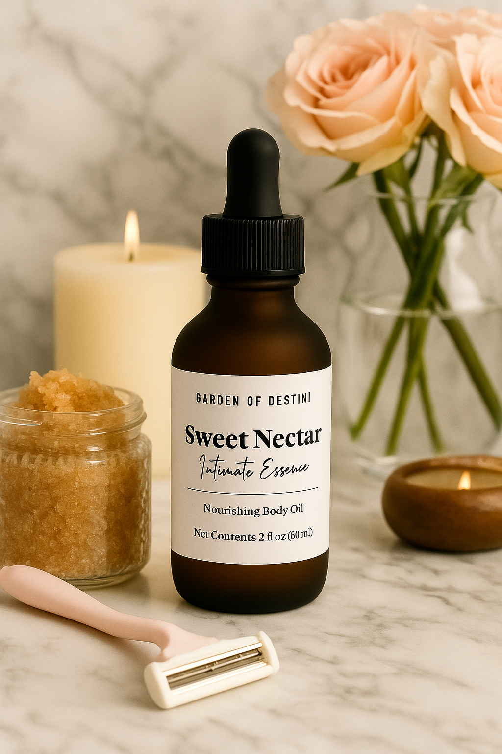 Sweet Nectar luxury women’s body oil in frosted amber bottle on soft peach fabric background
