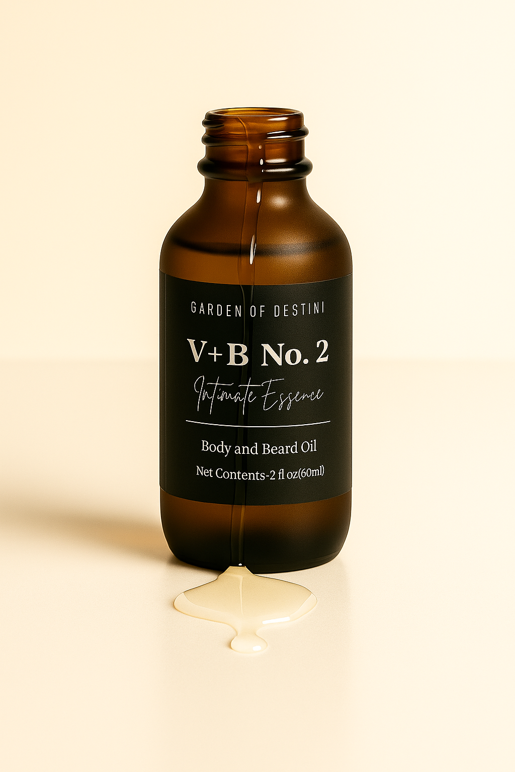 Garden of Destini V+B No. 2 luxury men’s body oil in frosted amber dropper bottle