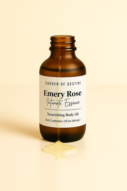 Garden of Destini Emery Rose luxury women’s body oil in frosted amber dropper bottle
