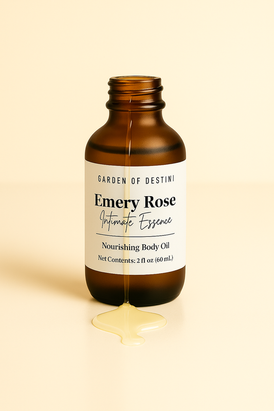 Garden of Destini Emery Rose luxury women’s body oil in frosted amber dropper bottle