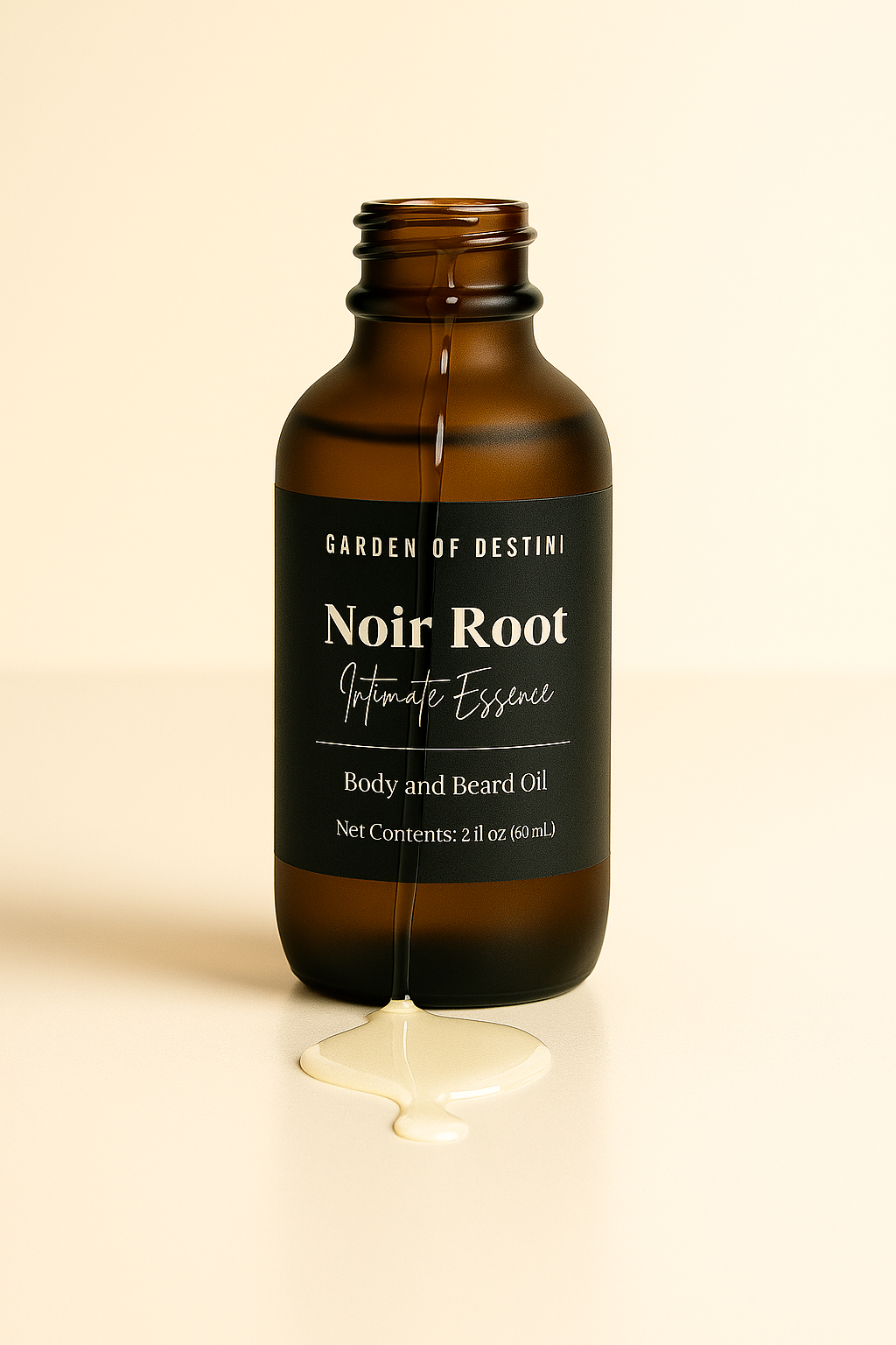 Garden of Destini Noir Root luxury men’s body oil in frosted amber dropper bottle