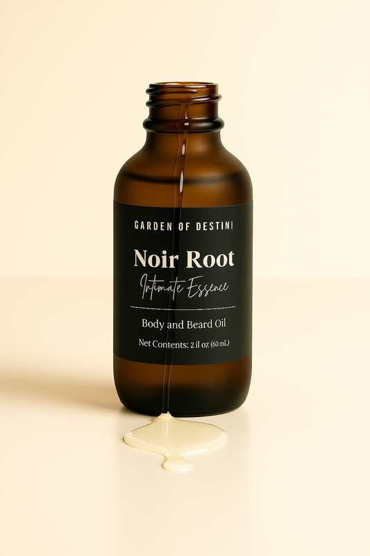 Garden of Destini Noir Root luxury men’s body oil in frosted amber dropper bottle