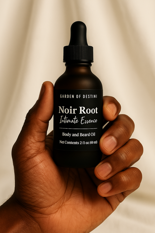 Noir Root luxury men’s body oil in frosted amber bottle held in hands with natural light