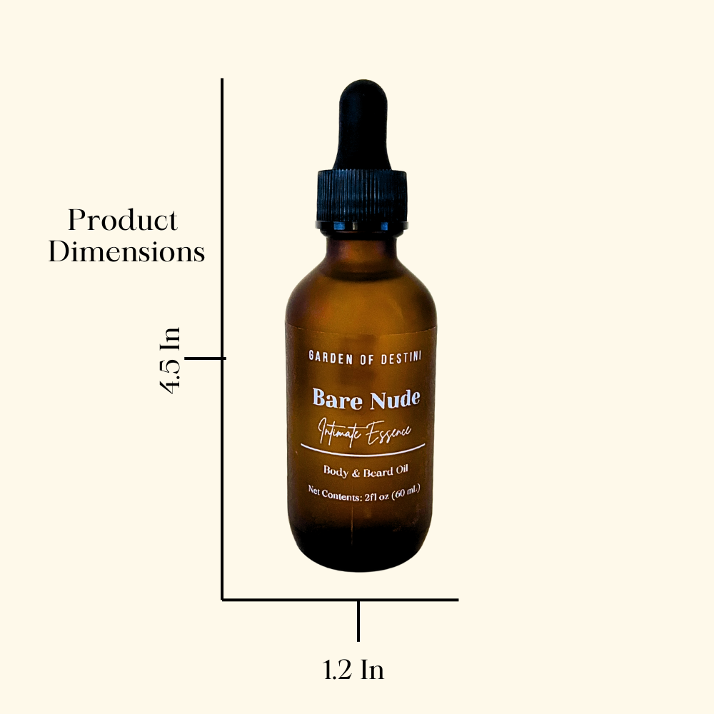 Bare Nude luxury unisex body and beard oil clear label with white text close-up