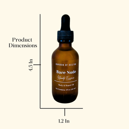 Bare Nude luxury unisex body and beard oil clear label with white text close-up