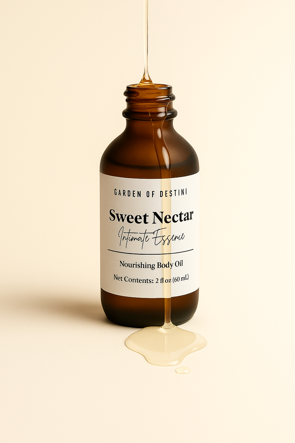 Garden of Destini Sweet Nectar luxury women’s body oil in frosted amber dropper bottle