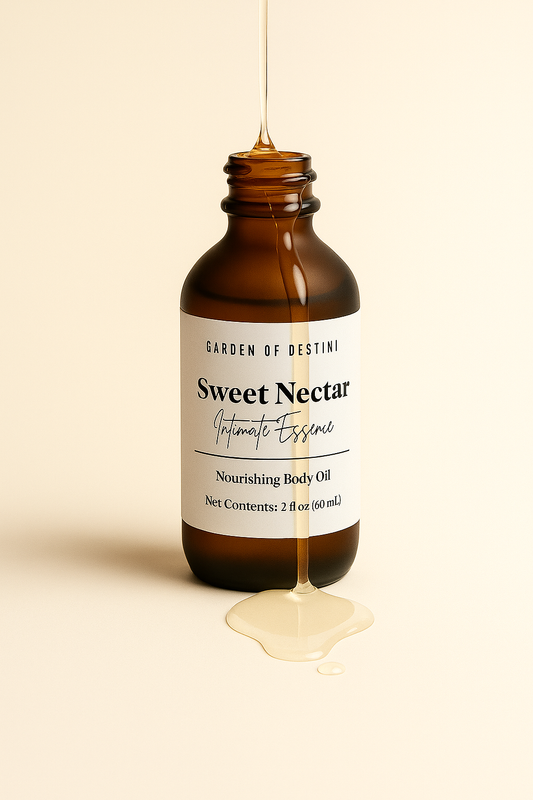 Garden of Destini Sweet Nectar luxury women’s body oil in frosted amber dropper bottle
