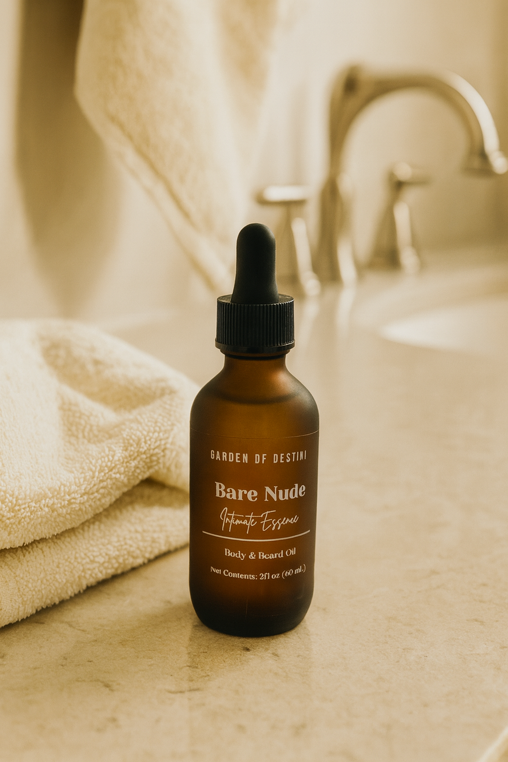 A luxurious amber glass bottle of Garden of Destini Bare Nude Intimate Essence Body & Beard Oil sits on a beige bathroom countertop beside a soft folded towel, with a brushed nickel faucet blurred in the background. The warm, golden lighting enhances the minimalist and elegant aesthetic of the product.