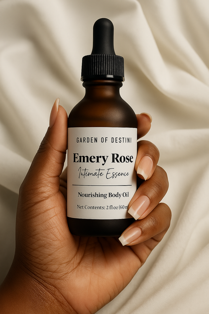 Emery Rose luxury women’s body oil in frosted amber bottle held in hands with natural light