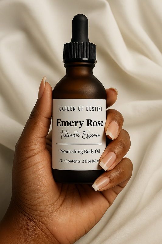 Emery Rose luxury women’s body oil in frosted amber bottle held in hands with natural light