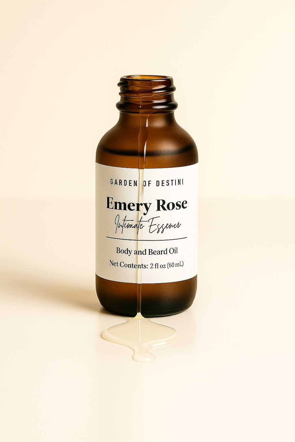 Garden of Destini Emery Rose luxury women’s body oil in frosted amber dropper bottle