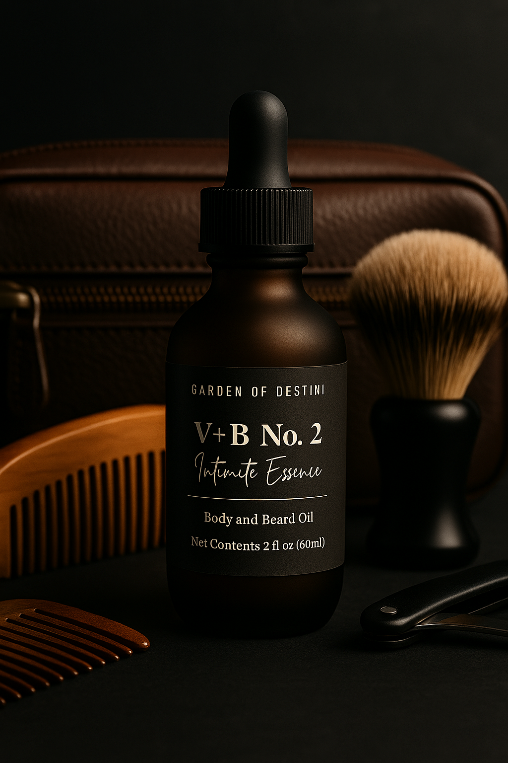 V+B No. 2 luxury men’s body oil in frosted amber bottle on black background